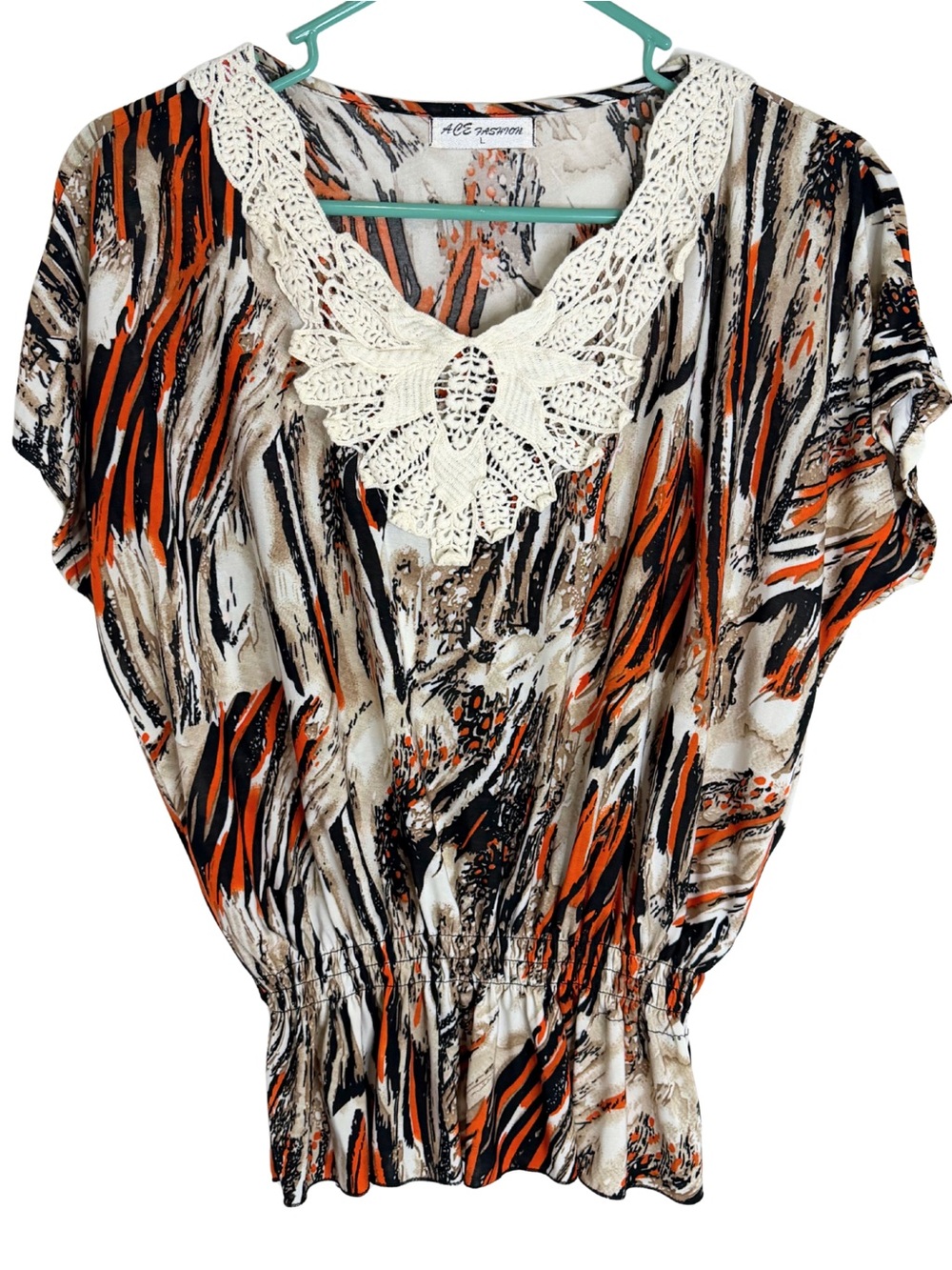 3/$20 Ace Fashion Women's Silk Blend Patterned Crochet V-Neck Blouse Size Large